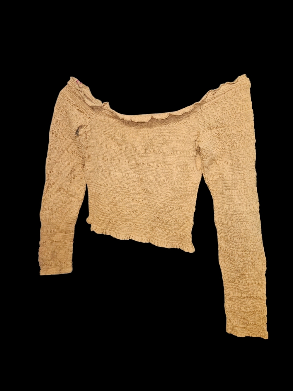 Smocked Off-Shoulder Long Sleeve Top in Beige